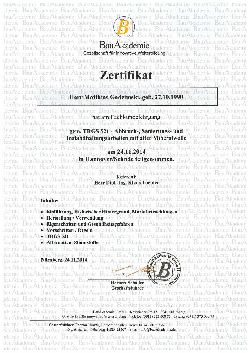 Zertifikat Mineralwolle